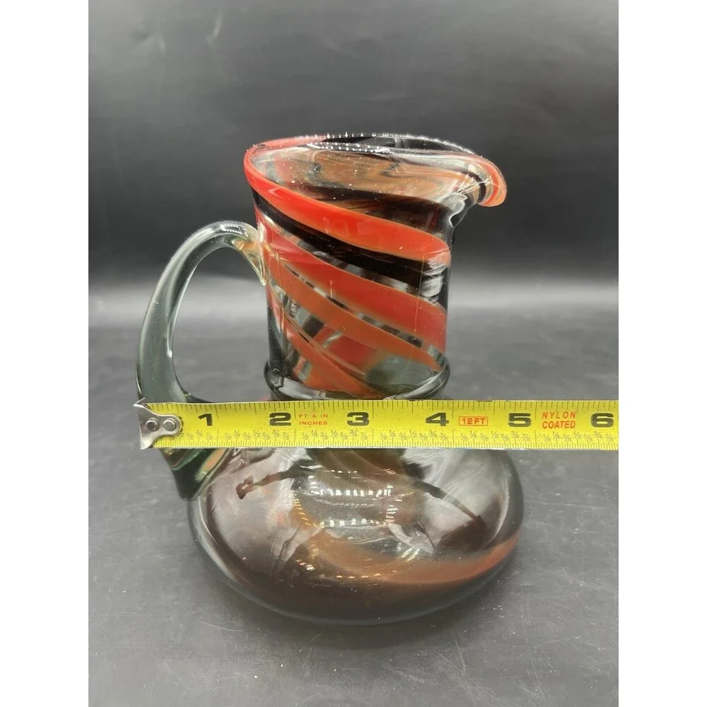 Hand Blown Art Glass Pitcher Amber Brown Swirl Applied Handle 6 1/8” Vase